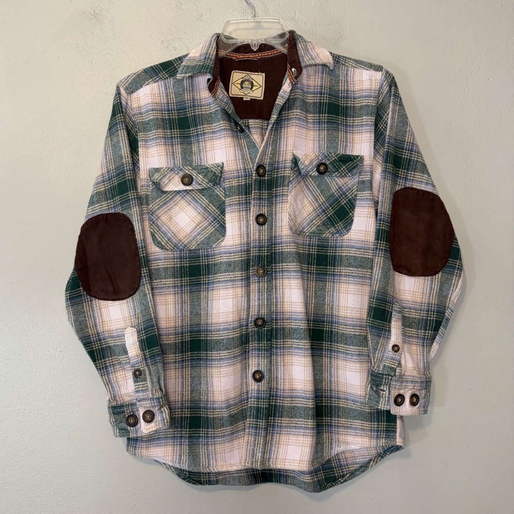 Scully Farthest Point Plaid Flannel Shirt Green Blue Elbow Patches Mens Medium